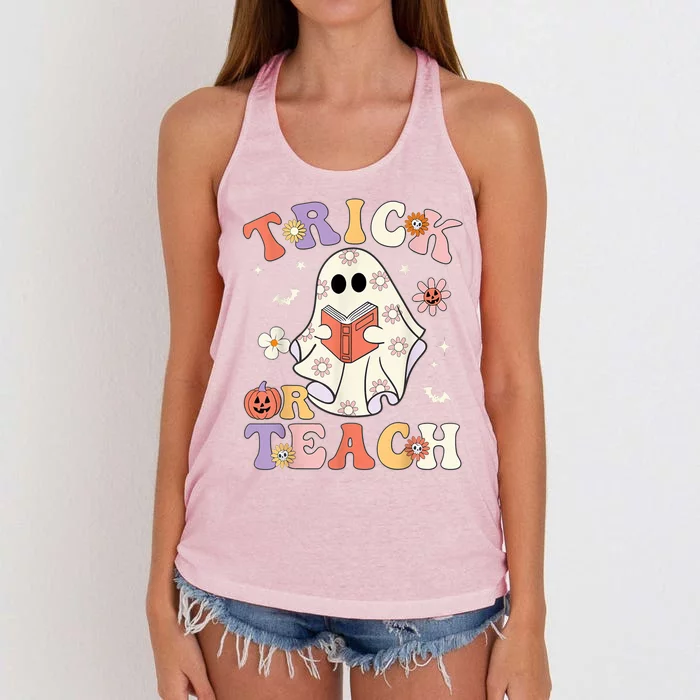 Groovy Halloween Trick Or Teach Retro Floral Ghost Teacher Women's Knotted Racerback Tank