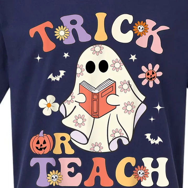 Groovy Halloween Trick Or Teach Retro Floral Ghost Teacher Sueded Cloud Jersey T-Shirt