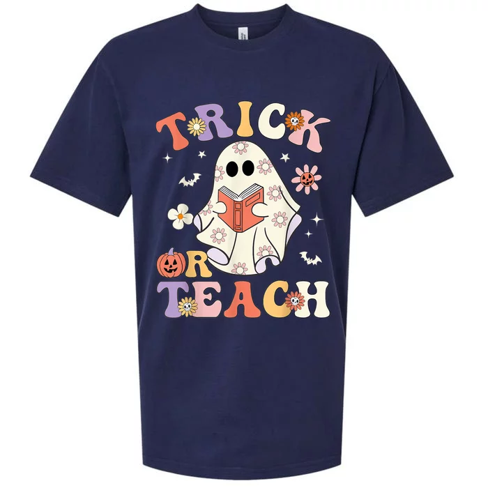 Groovy Halloween Trick Or Teach Retro Floral Ghost Teacher Sueded Cloud Jersey T-Shirt