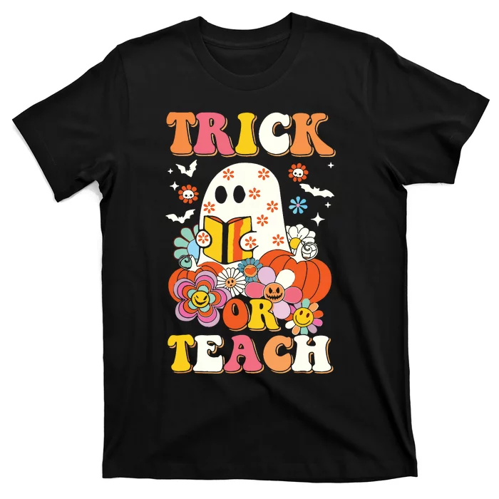 Groovy Halloween Trick Or Teach Retro Floral Ghost Teacher T-Shirt