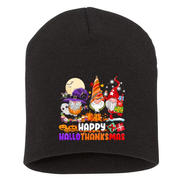 Gnomes Halloween Thanksgiving Christmas Happy Hallothanksmas Gift Short Acrylic Beanie