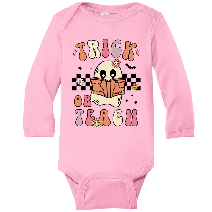 Groovy Halloween Trick Or Teach Retro Floral Ghost Teacher Baby Long Sleeve Bodysuit