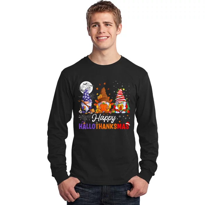 Gnomes Halloween Thanksgiving Christmas Happy Hallothanksmas Tall Long Sleeve T-Shirt