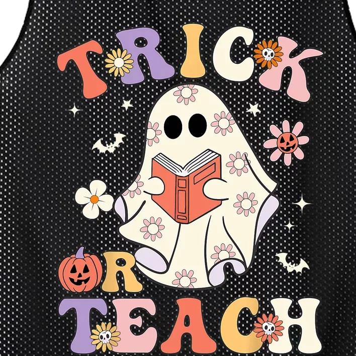 Groovy Halloween Trick Or Teach Retro Floral Ghost Teacher Mesh Reversible Basketball Jersey Tank