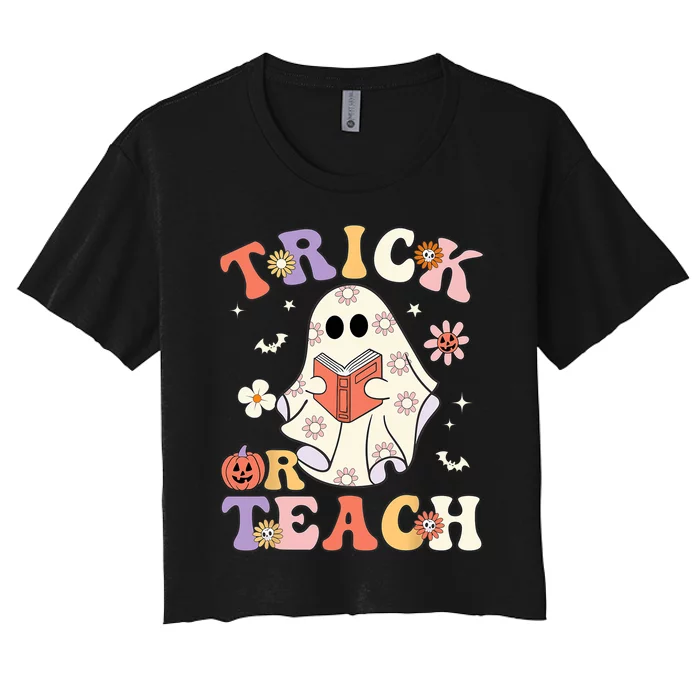 Groovy Halloween Trick Or Teach Retro Floral Ghost Teacher Women's Crop Top Tee