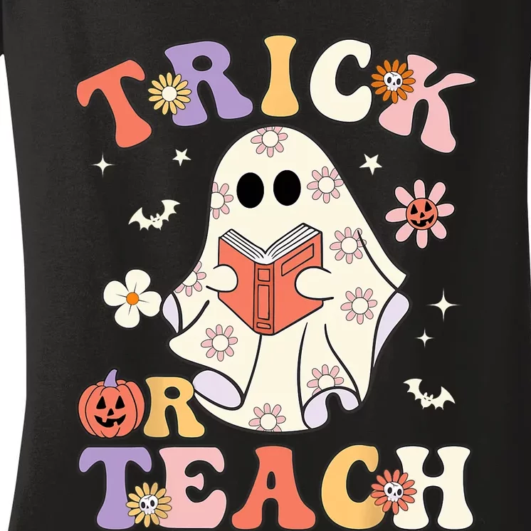 Groovy Halloween Trick Or Teach Retro Floral Ghost Teacher Women's V-Neck T-Shirt