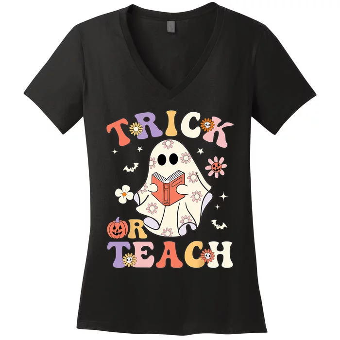 Groovy Halloween Trick Or Teach Retro Floral Ghost Teacher Women's V-Neck T-Shirt