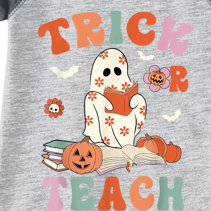 Groovy Halloween Trick Or Teach Retro Floral Ghost Teacher Infant Baby Jersey Bodysuit