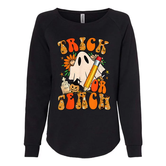 Groovy Halloween Trick or Teach Retro Floral Ghost Teacher Womens California Wash Sweatshirt