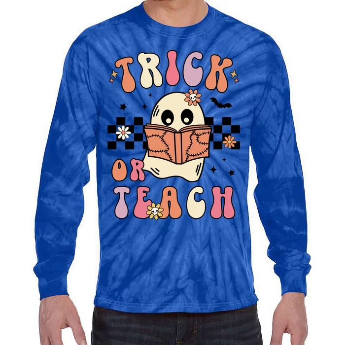 Groovy Halloween Trick Or Teach Retro Floral Ghost Teacher Gift Tie-Dye Long Sleeve Shirt