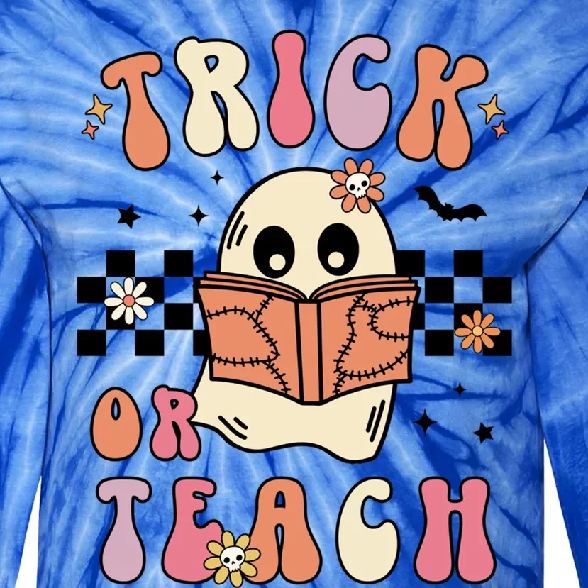 Groovy Halloween Trick Or Teach Retro Floral Ghost Teacher Gift Tie-Dye Long Sleeve Shirt