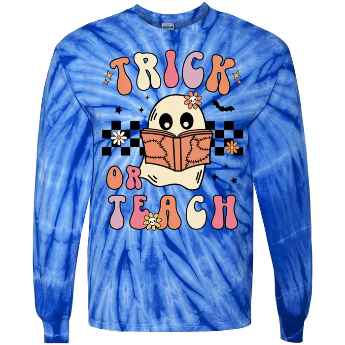 Groovy Halloween Trick Or Teach Retro Floral Ghost Teacher Gift Tie-Dye Long Sleeve Shirt