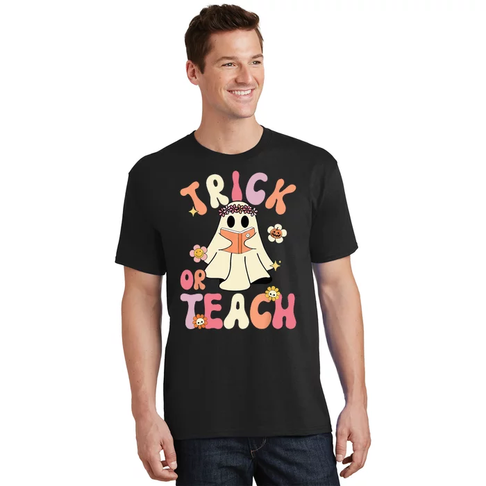 Groovy Halloween Trick Or Teach Retro Floral Ghost Teacher T-Shirt