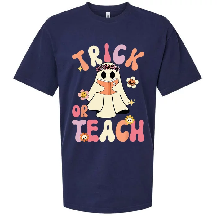 Groovy Halloween Trick Or Teach Retro Floral Ghost Teacher Sueded Cloud Jersey T-Shirt