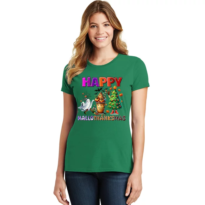 Gnomes Halloween Thanksgiving Christmas Happy Hallothanksmas Women's T-Shirt