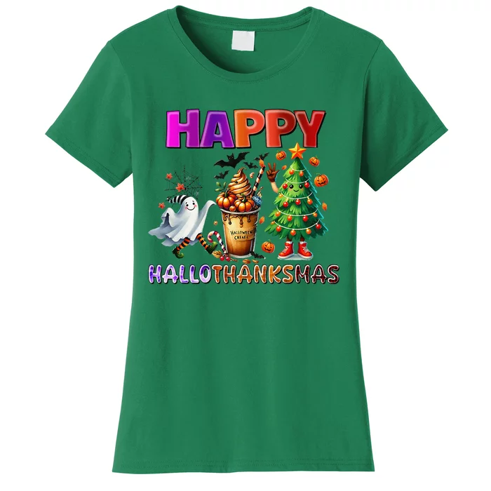 Gnomes Halloween Thanksgiving Christmas Happy Hallothanksmas Women's T-Shirt