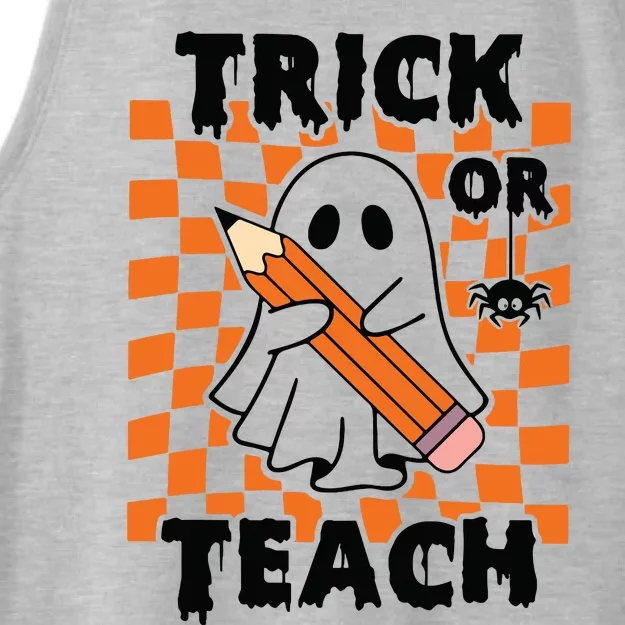 Groovy Halloween Trick Or Teach Retro Floral Ghost Teacher Ladies Tri-Blend Wicking Tank