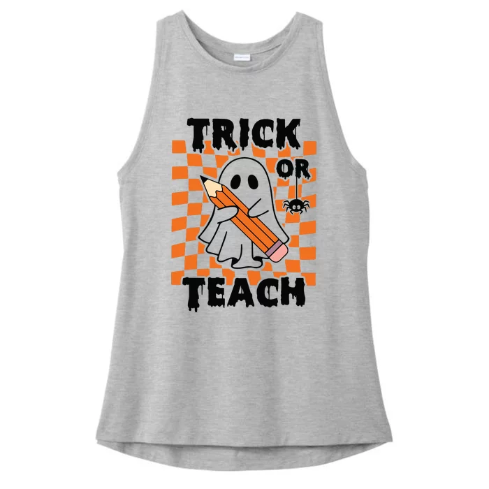 Groovy Halloween Trick Or Teach Retro Floral Ghost Teacher Ladies Tri-Blend Wicking Tank