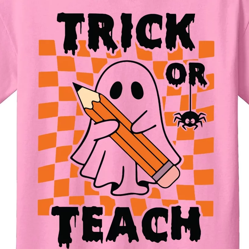 Groovy Halloween Trick Or Teach Retro Floral Ghost Teacher Kids T-Shirt