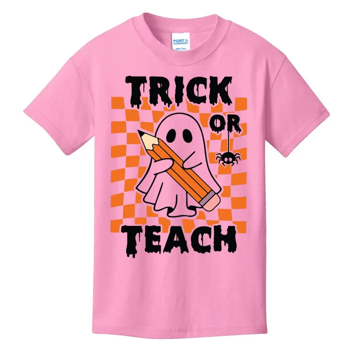 Groovy Halloween Trick Or Teach Retro Floral Ghost Teacher Kids T-Shirt