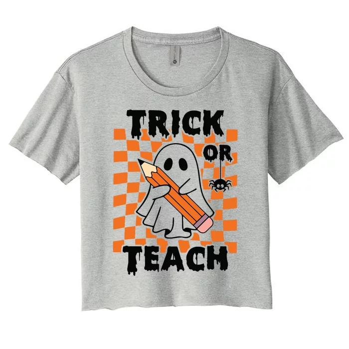 Groovy Halloween Trick Or Teach Retro Floral Ghost Teacher Women's Crop Top Tee