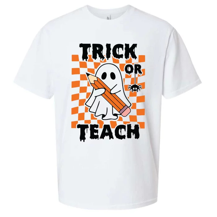 Groovy Halloween Trick Or Teach Retro Floral Ghost Teacher Sueded Cloud Jersey T-Shirt