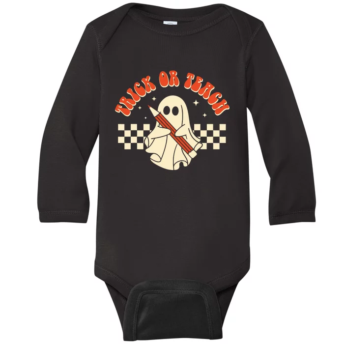 Groovy Halloween Trick Or Teach Retro Floral Ghost Teacher Baby Long Sleeve Bodysuit