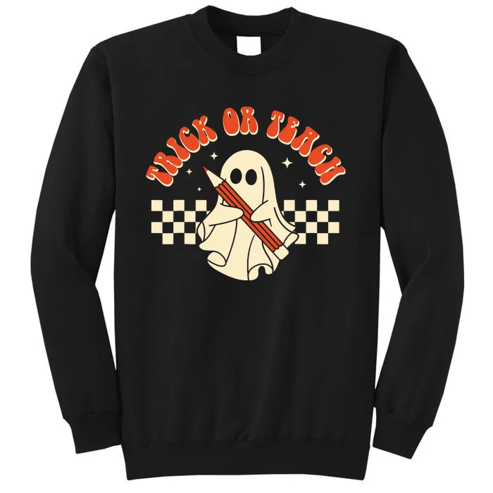 Groovy Halloween Trick Or Teach Retro Floral Ghost Teacher Tall Sweatshirt