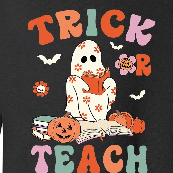 Groovy Halloween Trick Or Teach Retro Floral Ghost Teacher Toddler Sweatshirt