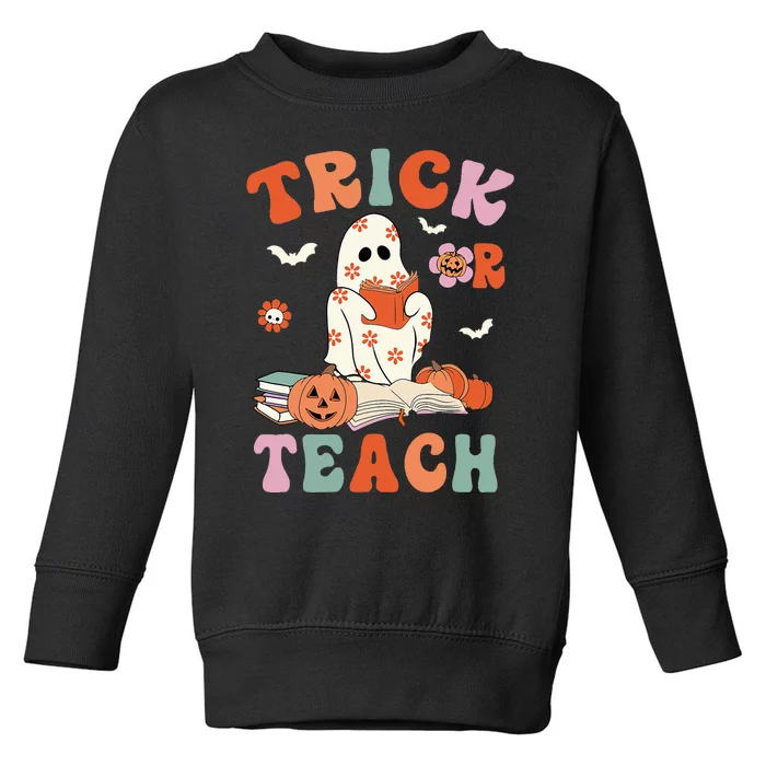 Groovy Halloween Trick Or Teach Retro Floral Ghost Teacher Toddler Sweatshirt