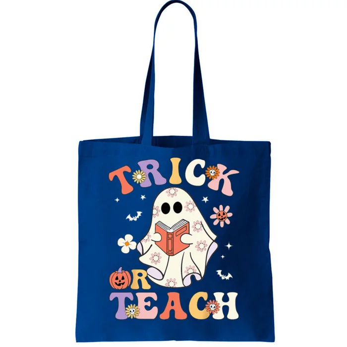 Groovy Halloween Trick Or Teach Retro Floral Ghost Teacher Tote Bag