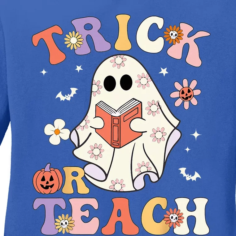 Groovy Halloween Trick Or Teach Retro Floral Ghost Teacher Ladies Long Sleeve Shirt