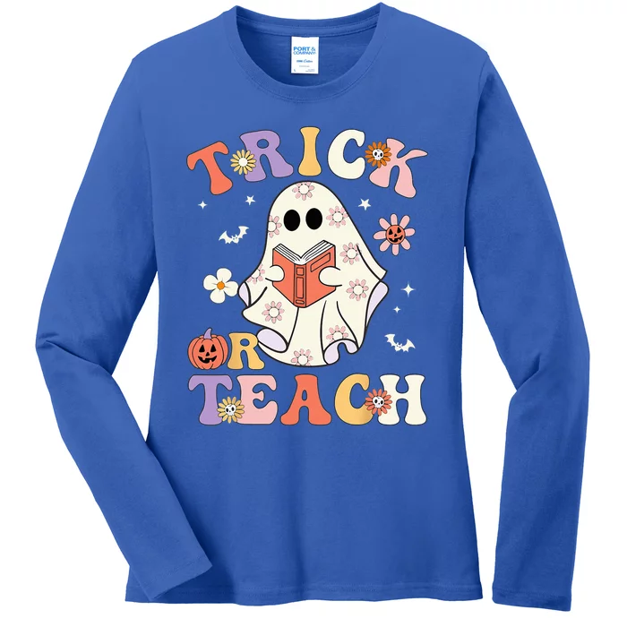 Groovy Halloween Trick Or Teach Retro Floral Ghost Teacher Ladies Long Sleeve Shirt