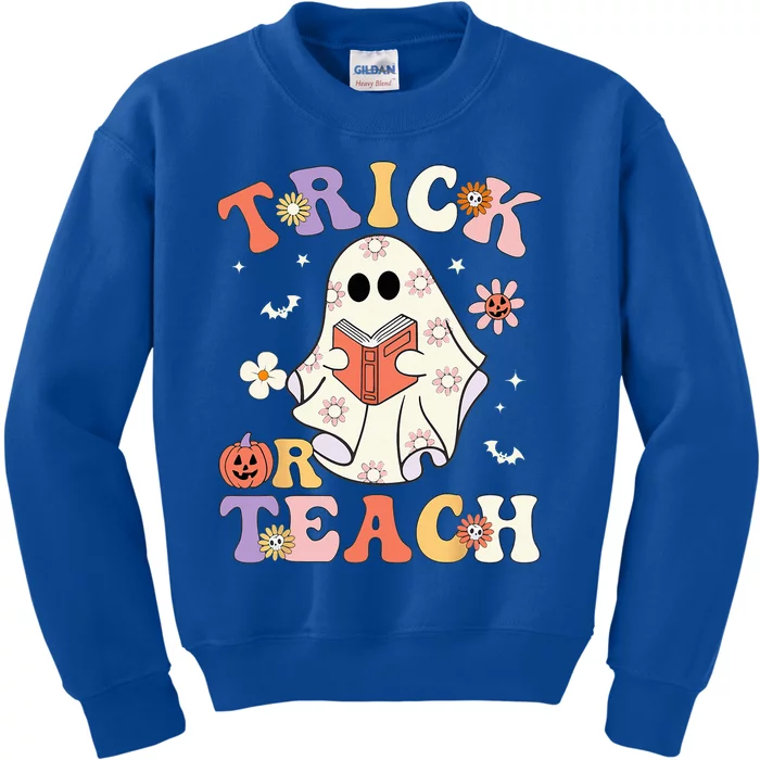 Groovy Halloween Trick Or Teach Retro Floral Ghost Teacher Kids Sweatshirt