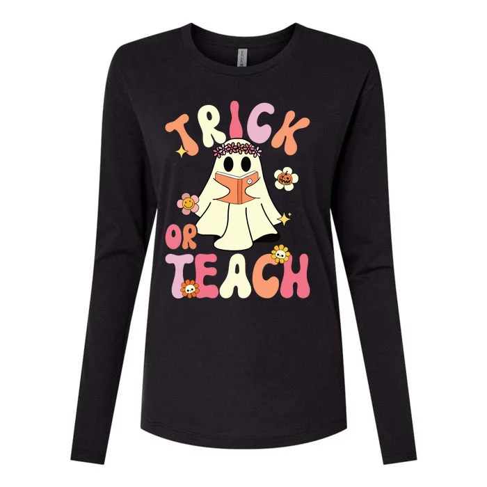 Groovy Halloween Trick Or Teach Retro Floral Ghost Teacher Womens Cotton Relaxed Long Sleeve T-Shirt