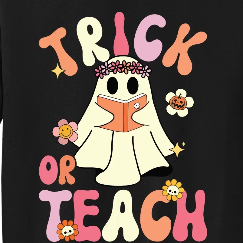 Groovy Halloween Trick Or Teach Retro Floral Ghost Teacher Sweatshirt