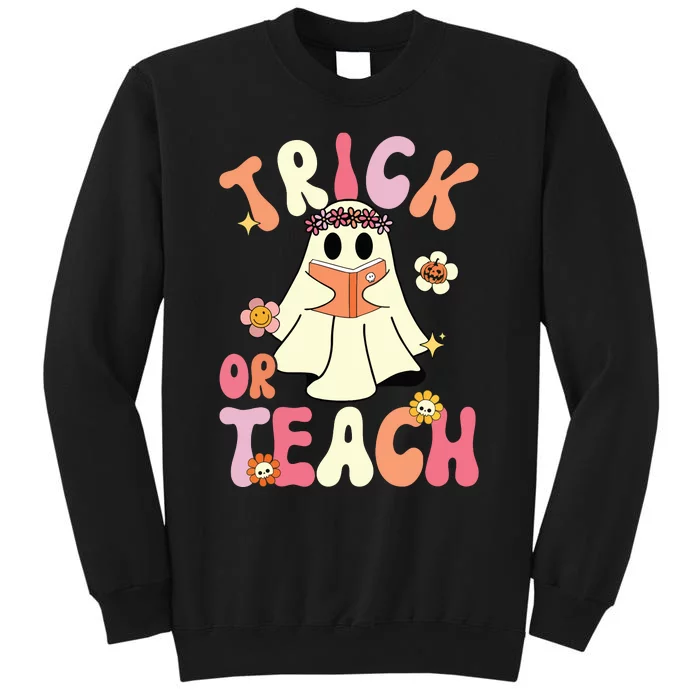 Groovy Halloween Trick Or Teach Retro Floral Ghost Teacher Sweatshirt