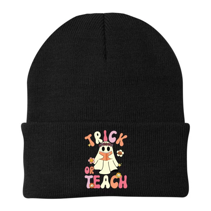 Groovy Halloween Trick Or Teach Retro Floral Ghost Teacher Knit Cap Winter Beanie