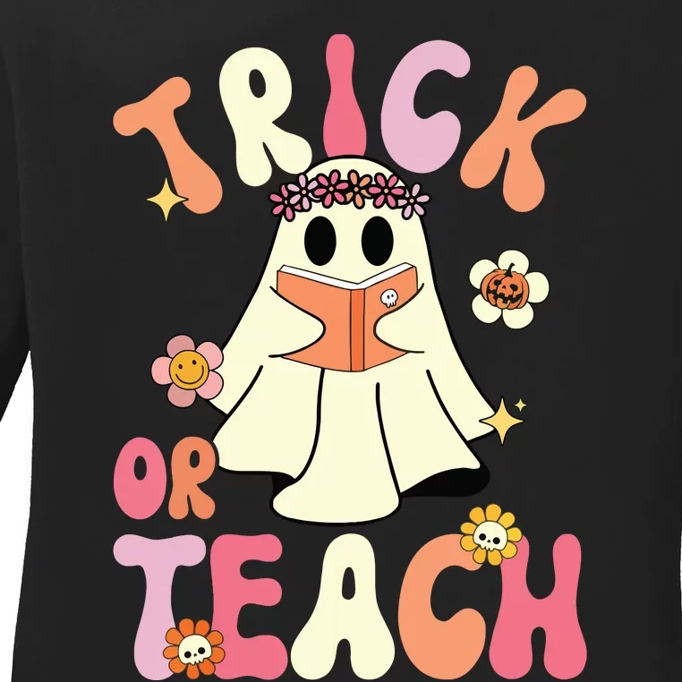 Groovy Halloween Trick Or Teach Retro Floral Ghost Teacher Ladies Long Sleeve Shirt