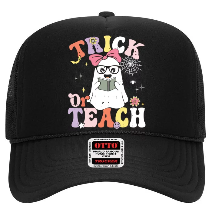 Groovy Halloween Trick Or Teach Retro Floral Ghost Teacher High Crown Mesh Trucker Hat