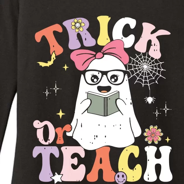 Groovy Halloween Trick Or Teach Retro Floral Ghost Teacher Womens CVC Long Sleeve Shirt