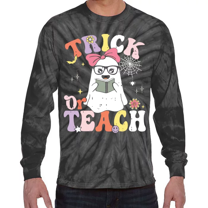 Groovy Halloween Trick Or Teach Retro Floral Ghost Teacher Tie-Dye Long Sleeve Shirt