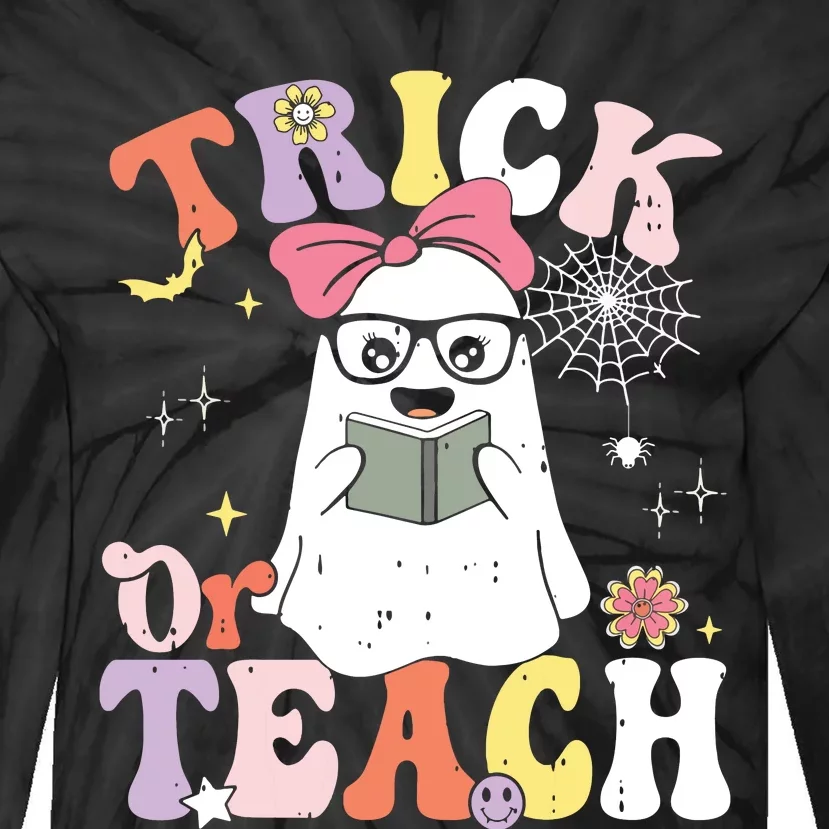 Groovy Halloween Trick Or Teach Retro Floral Ghost Teacher Tie-Dye Long Sleeve Shirt