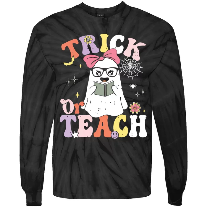 Groovy Halloween Trick Or Teach Retro Floral Ghost Teacher Tie-Dye Long Sleeve Shirt