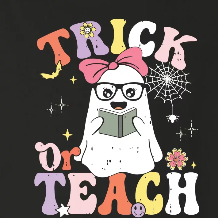 Groovy Halloween Trick Or Teach Retro Floral Ghost Teacher Toddler Long Sleeve Shirt