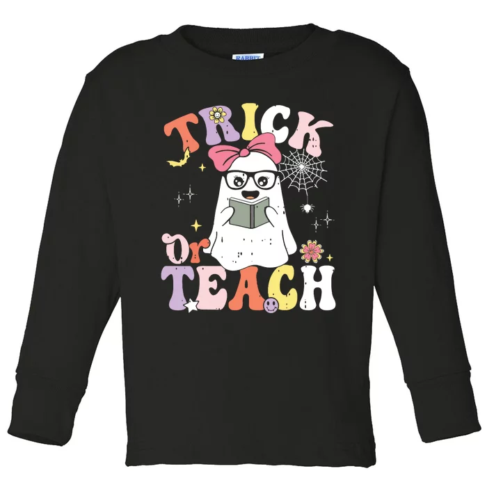 Groovy Halloween Trick Or Teach Retro Floral Ghost Teacher Toddler Long Sleeve Shirt