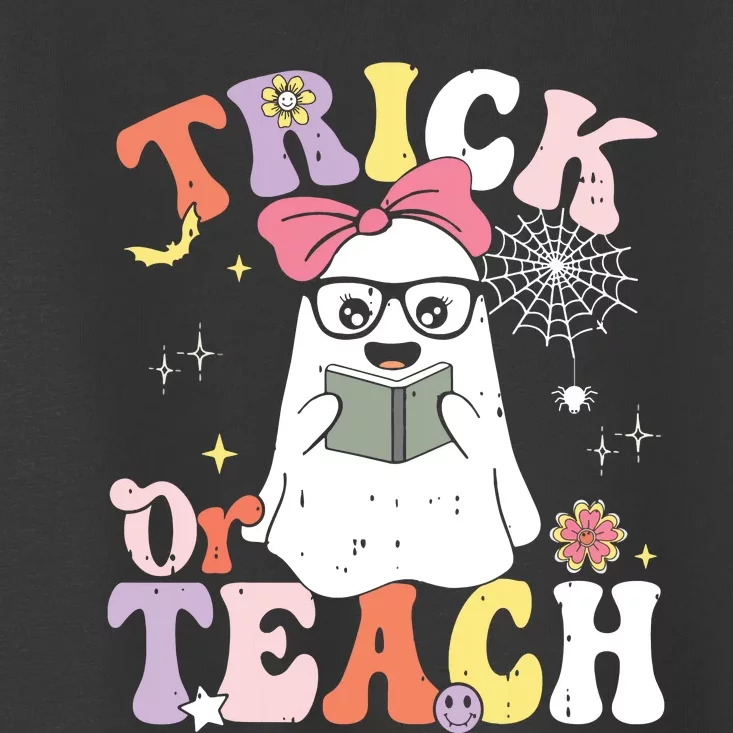 Groovy Halloween Trick Or Teach Retro Floral Ghost Teacher Toddler T-Shirt