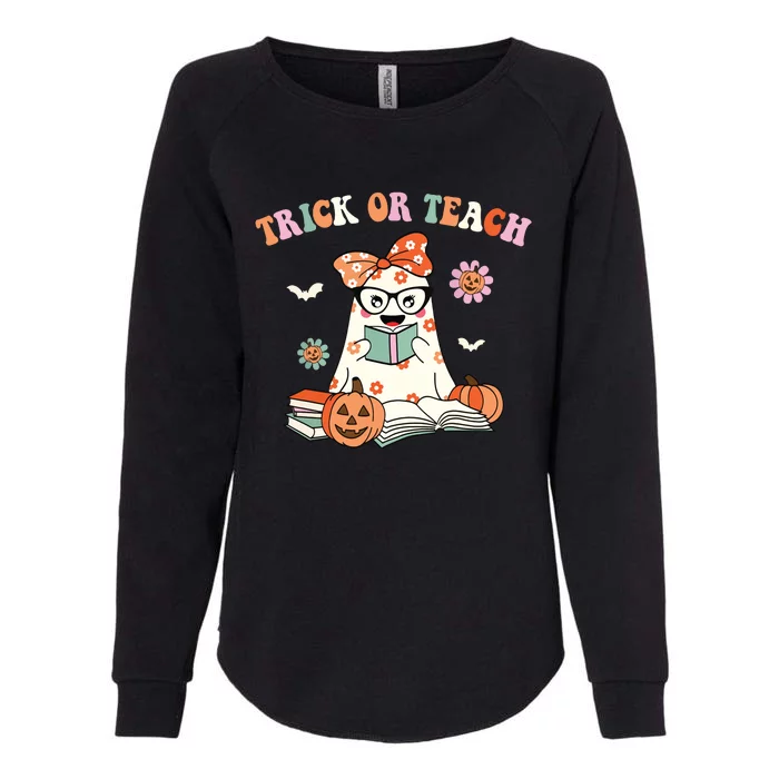 Groovy Halloween Trick Or Teach Retro Floral Ghost Teacher Womens California Wash Sweatshirt