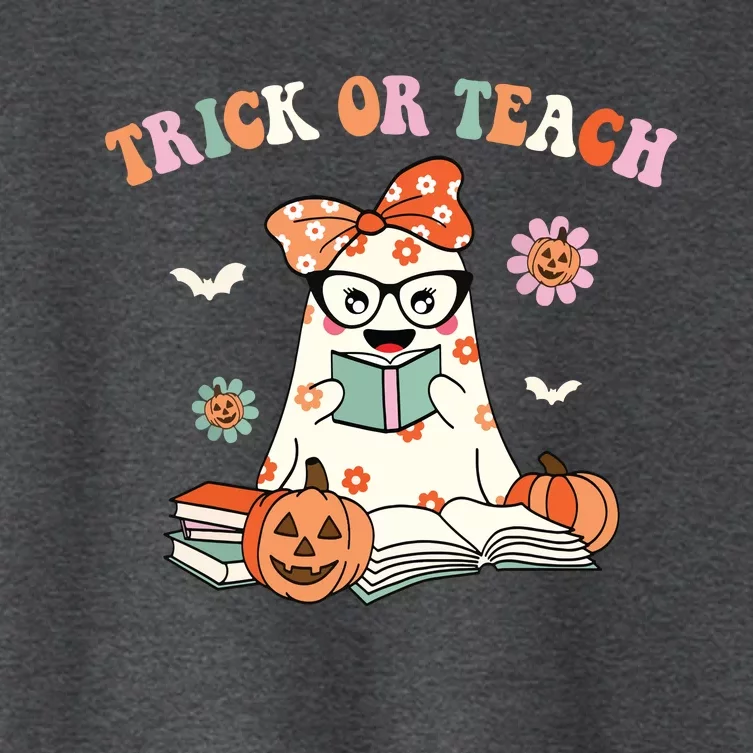 Groovy Halloween Trick Or Teach Retro Floral Ghost Teacher Women's Crop Top Tee