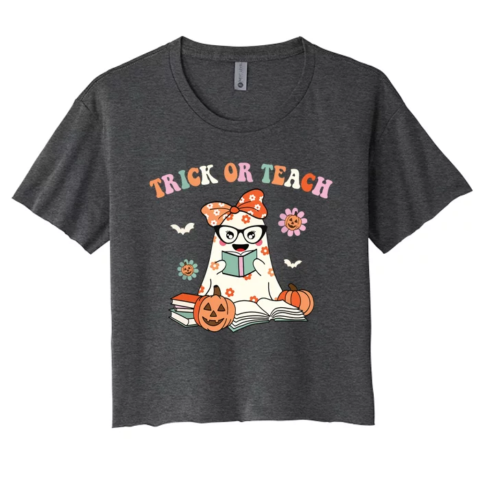 Groovy Halloween Trick Or Teach Retro Floral Ghost Teacher Women's Crop Top Tee